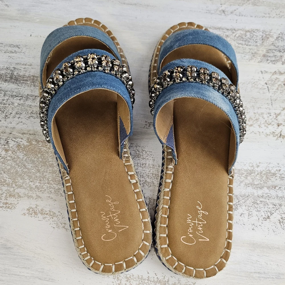 Nwob Crown Vintage Blue Denim Sandal Slides with Rhinestone Accent